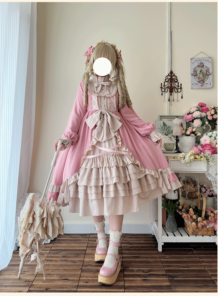 Niu Niu~Plus Size Lolita OP Dress Halloween Retro Daily Dress L Pink