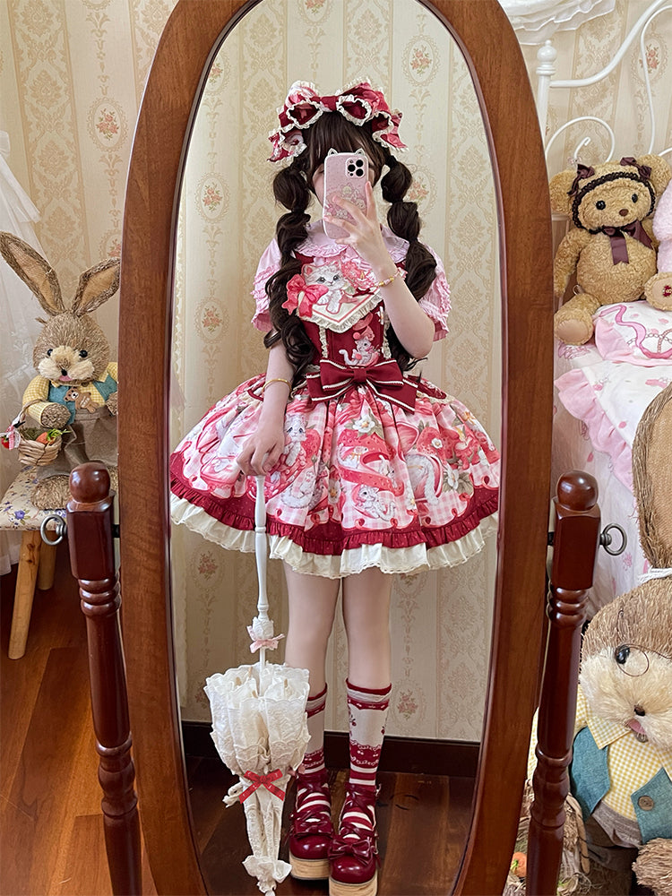 Mewroco~Strawberry Cat~Sweet Lolita Dress Suit JSK and Salopette with Cat Prints