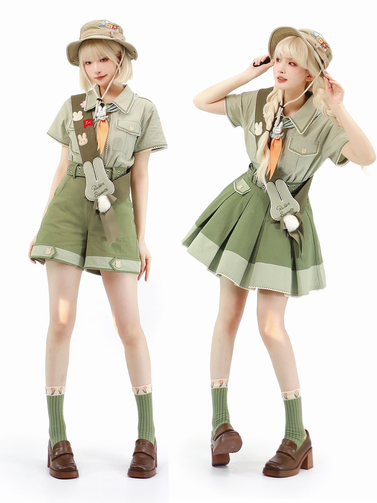 Steamed stuffed pig~Bunny Trip~Ouji Lolita Green Cute Suits XS skirt set (skirt+shirt+tie+ball+belt) 