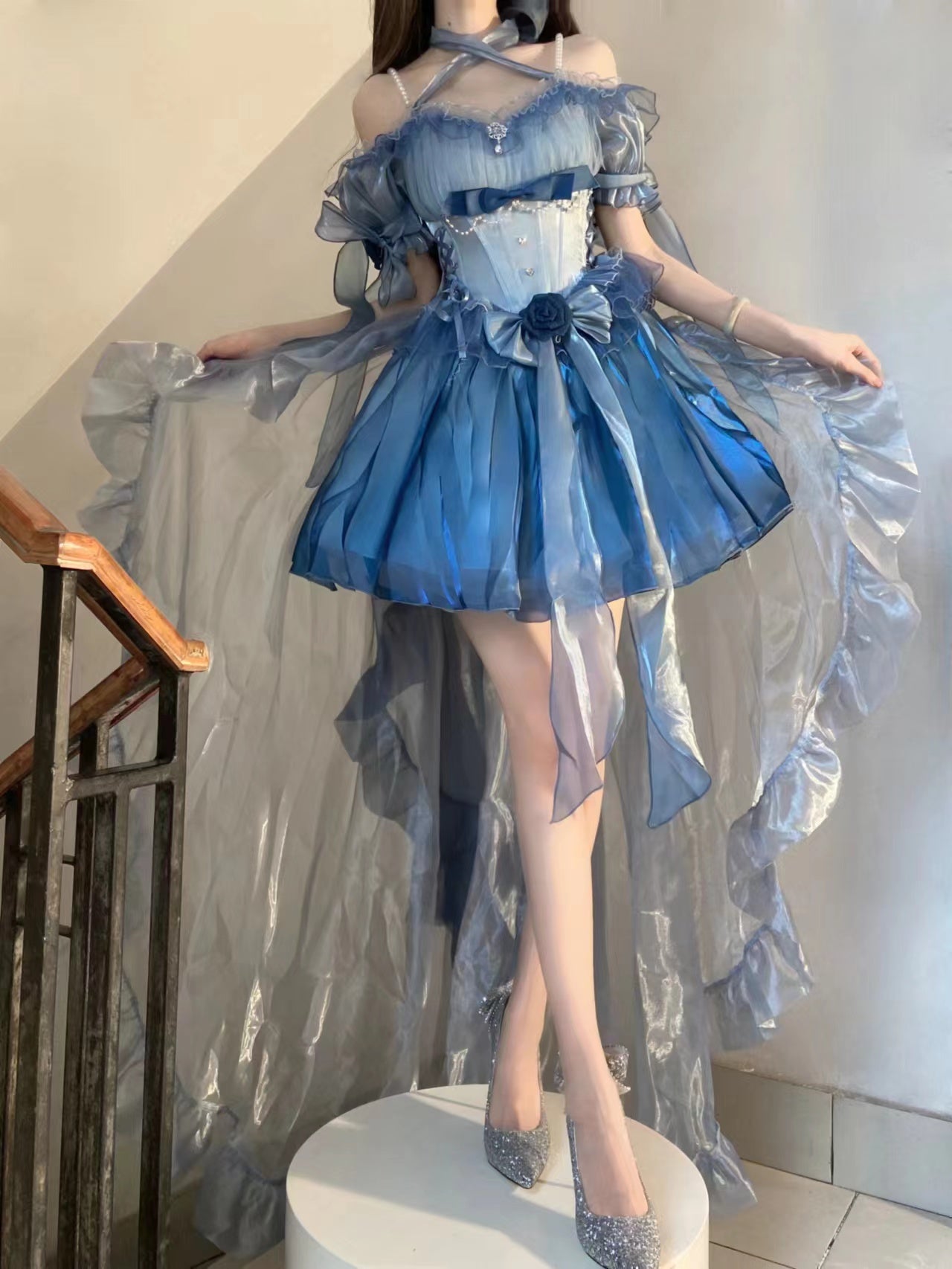 Meowing and fruity - Elegant Lolita Gradient Dark Blue Prom Dress Set gradient dark blue short version (dress only) S
