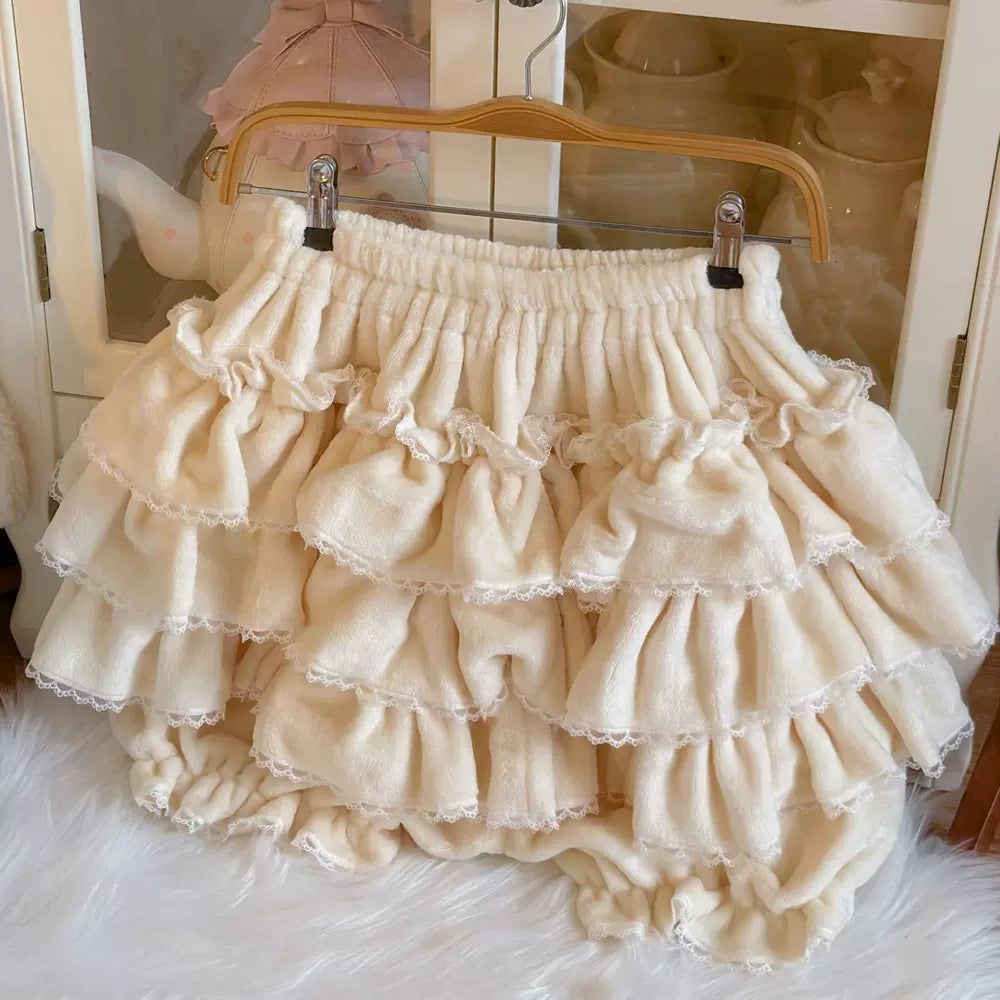 Sugar Girl - Cotton Lolita Bloomer, Loose Ruffled Hem Petticoat Beige(with velvet) One Size