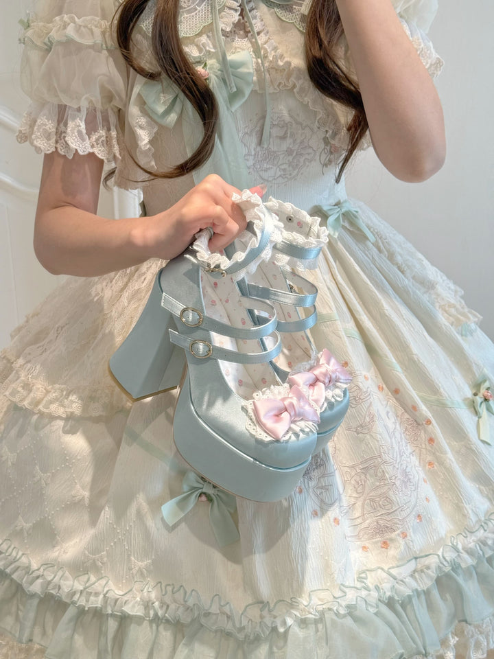 Pure Tea For Dream~Otome Fairy Tale~Sweet Lolita Shoes High Platform Satin Heels Pink Green 35