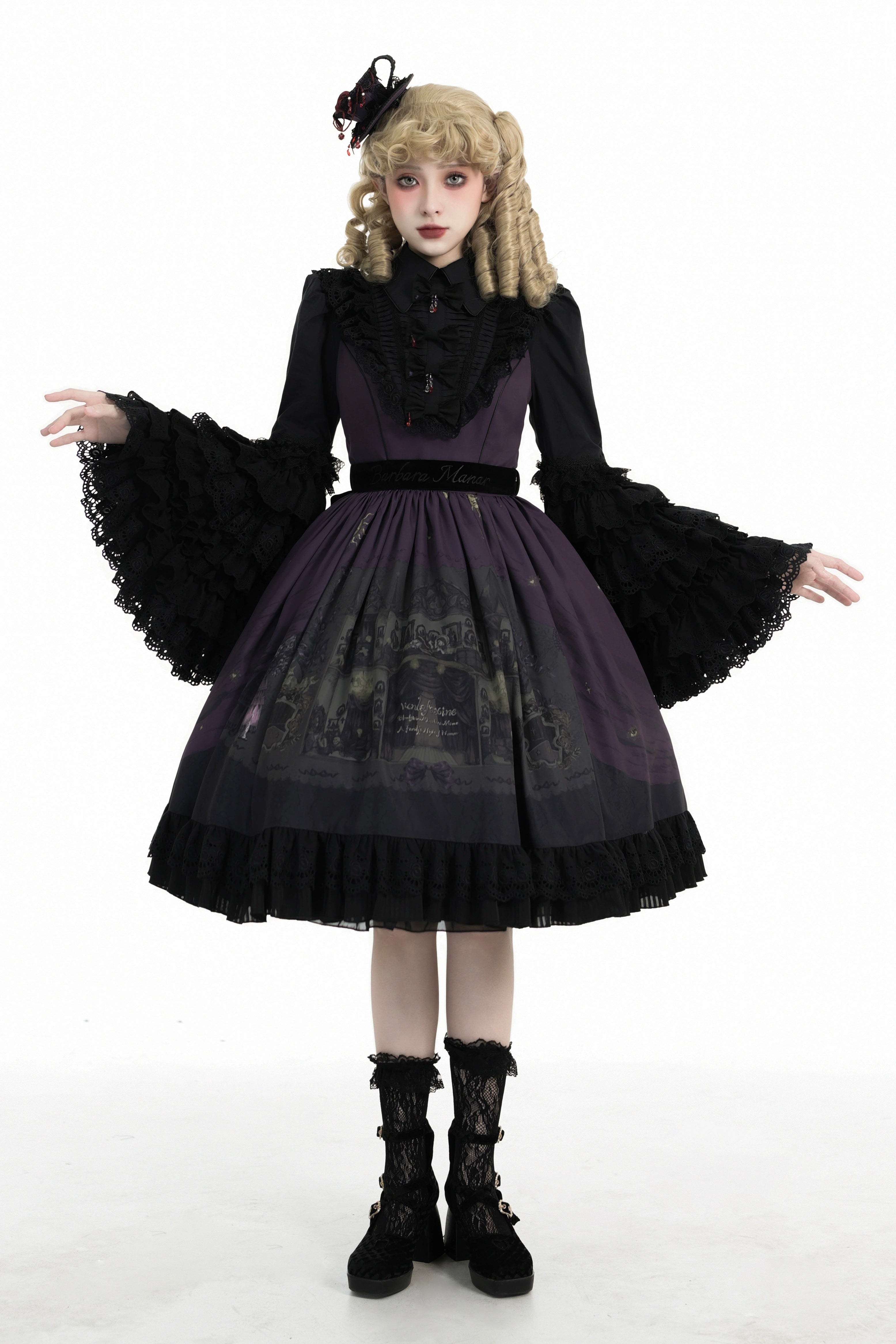 Dark Circle Clinic - Barbara Manor Night - Gothic Lolita JSK Pleated Floral Print Lolita Dress XS Black Purple - Short JSK