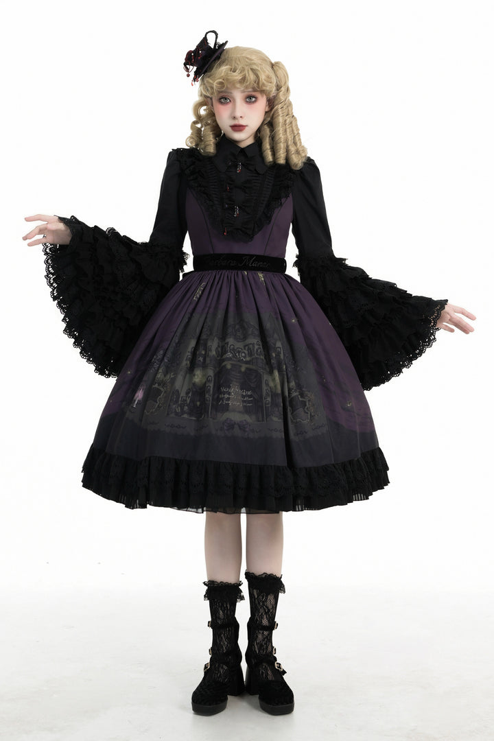 Dark Circle Clinic~Barbara Manor Night~Gothic Lolita JSK Pleated Floral Print Lolita Dress XS Black Purple - Short JSK 