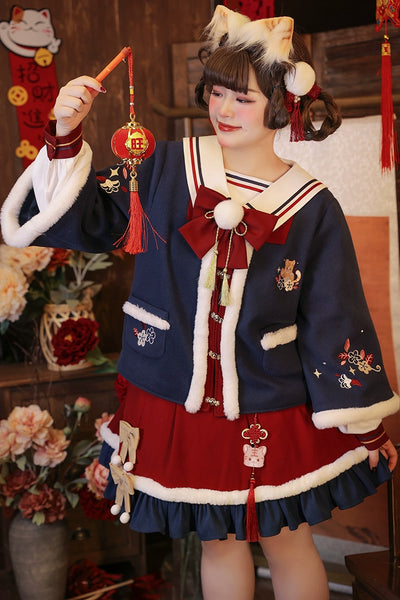 Hard Candy~Tiger~Plus Size Lolita Han Lolita Winter Dress Set XL blue coat 