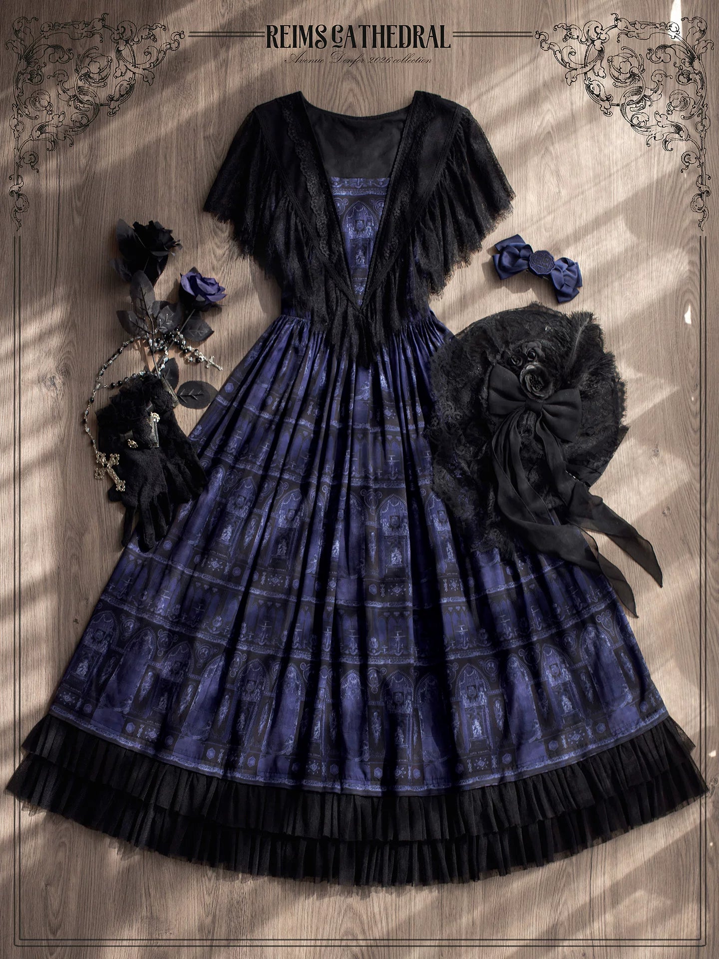 Reims Cathedral - Printed Classic Lolita Dress, Detachable Gauze Outlayer 44701:819195
