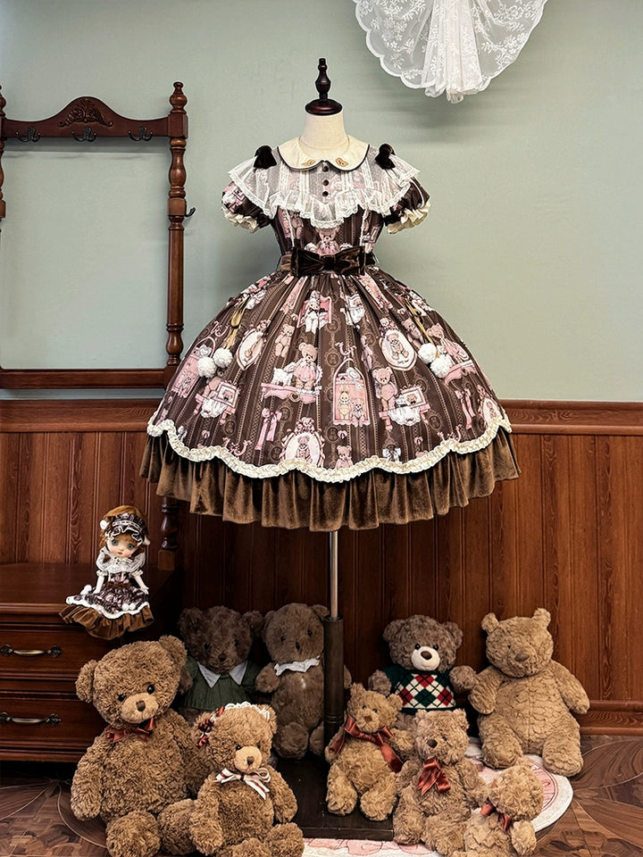 Alice Girl~Bear Doll Wall~Sweet Lolita OP Lovely Bear Print Dress XS Brown 