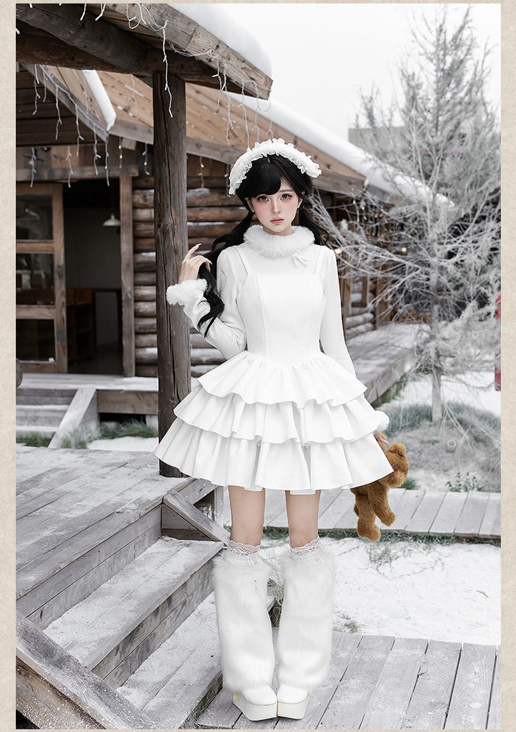 With PUJI - White Choco - Winter Kawaii Lolita JSK Dress Set, Fluffy Accents 44246:801077