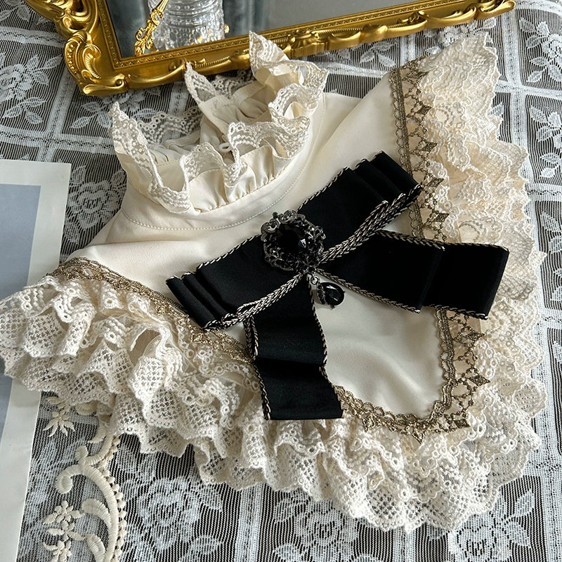 LizBird~Reincarnated Clock~Vintage Lolita OP Dress Set Lolita Bloomers Lace ruffle faux collar (with bow brooch)  