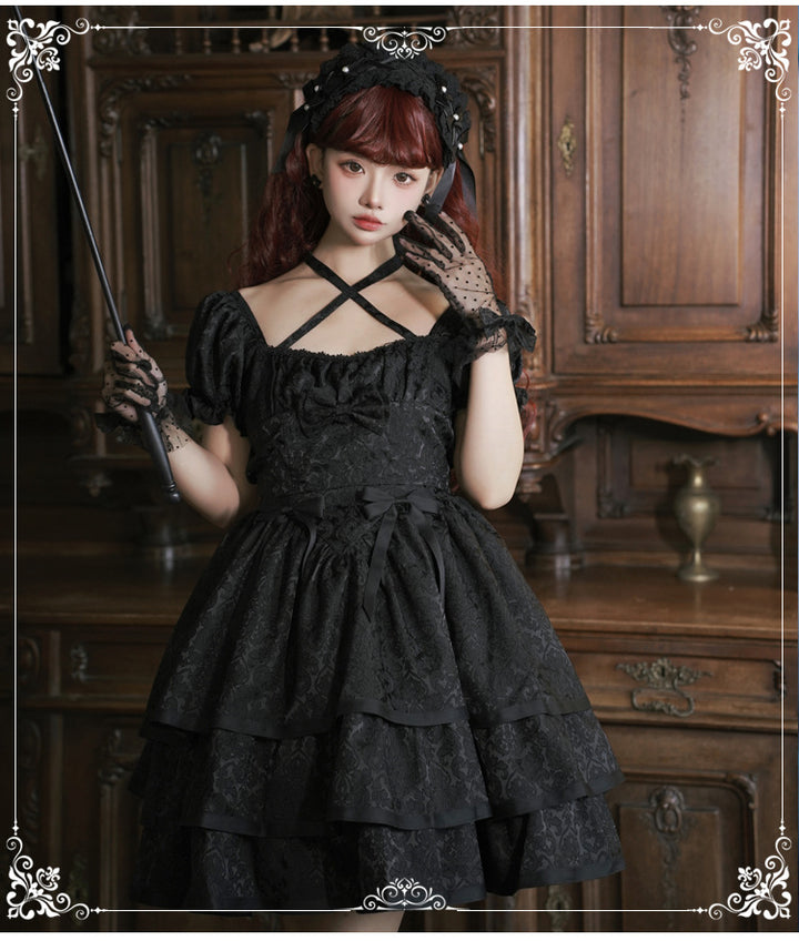 Eieyomi~Thorn Rose~Gothic Lolita Three-layer Ruffle Black OP   