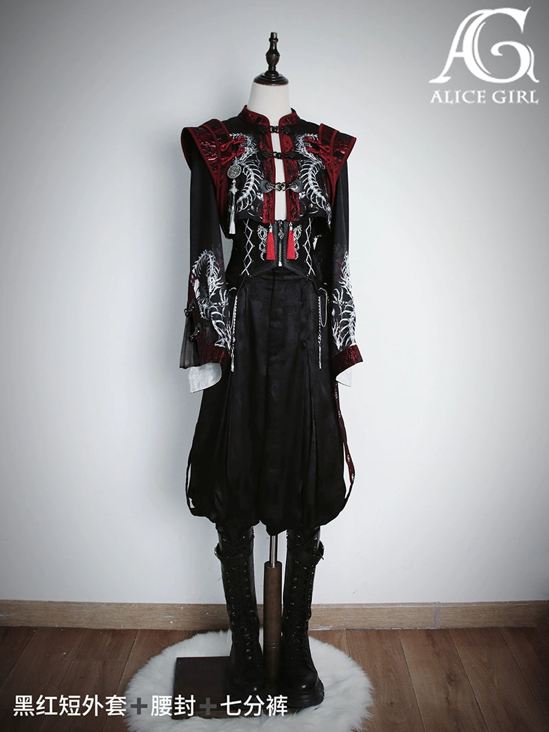 Alice Girl~Bony Dragon~Chinese Style Lolita Black V-shaped Waistband with Silver Dragon Embroidery   