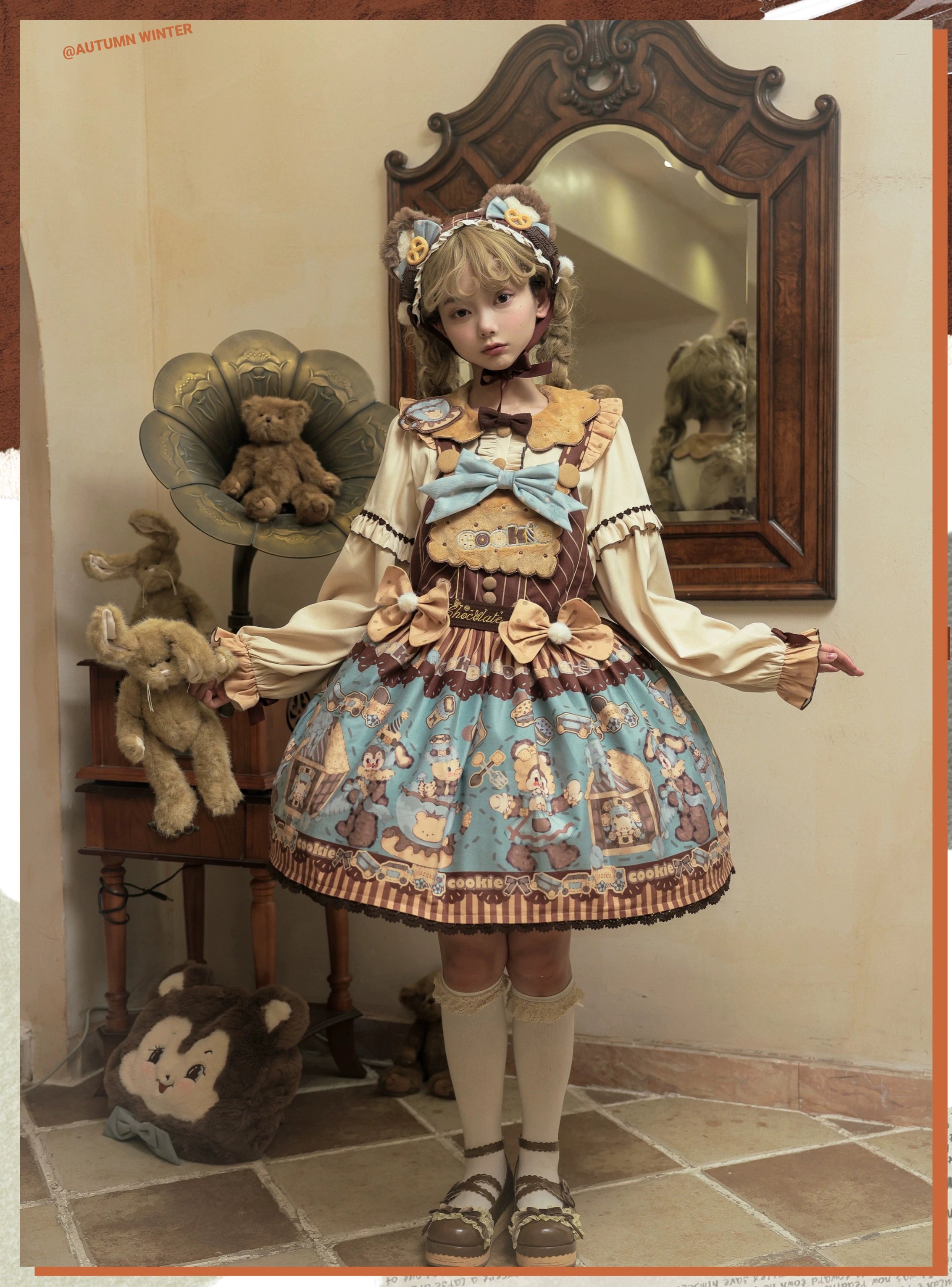 Star Fantasy - Bear Cookies - Kawaii Bear Printed Vintage Lolita Dress 43817:786433