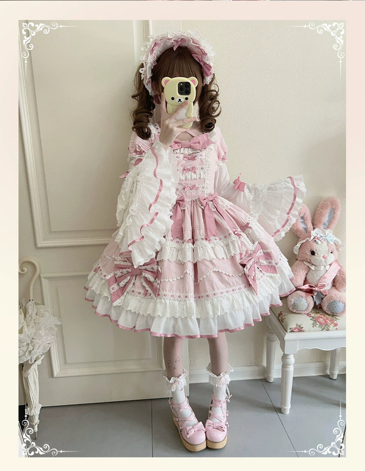 Heartbeat doll~Lily's Tea Party~Pink Old School Lolita OP Dress Long Sleeve