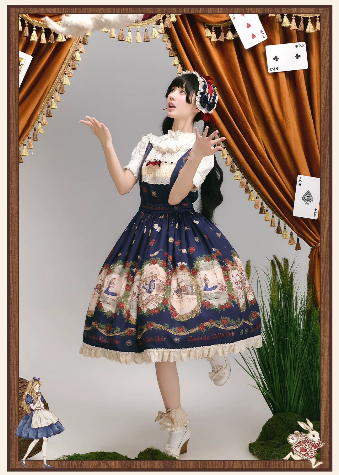 Down the Rabbit Hole - Daily Wear Classic Lolita OP & JSK Dress, Alice in Wonderland Print 46008:871946