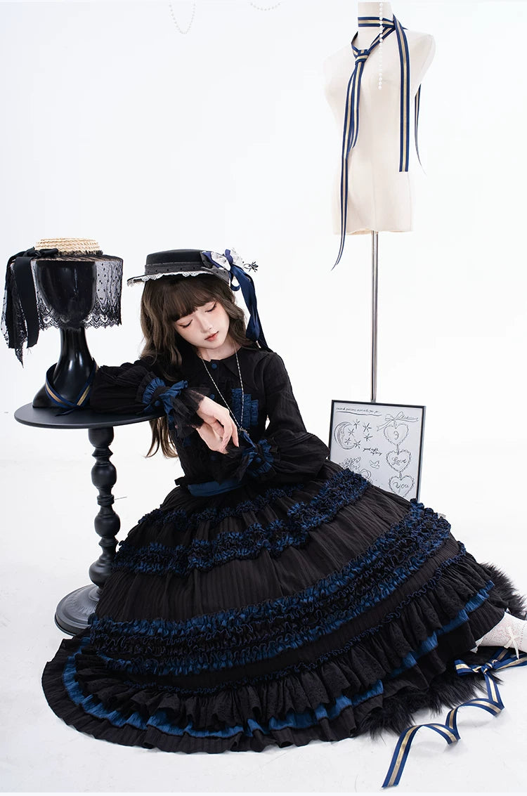 Wings and Bouquet - Dark Classic Lolita Blouse and SK Set, Layered Blue Ruffles 45680:858278