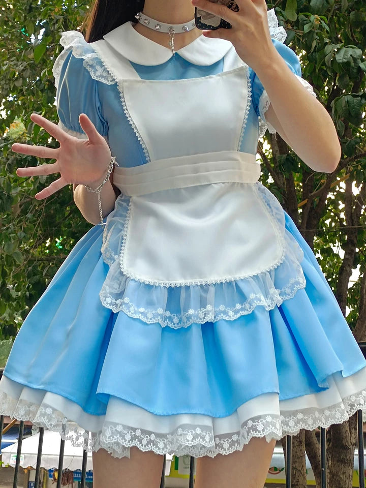 Daydream Whisper~Dream Doll~Plus Size Maid Lolita OP Suit Black and Blue Dress Blue Short OP + Apron S