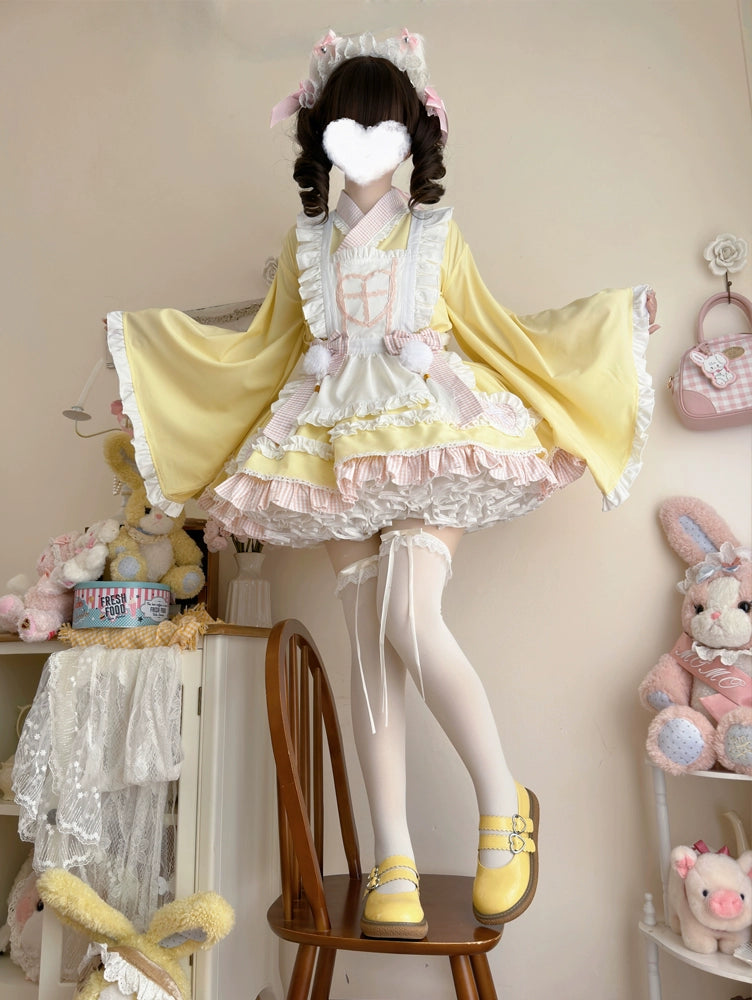 Hanguliang~Sweet Meow Nurse~Maid Lolita Skirt Set Kawaii Lolita Dress S Yellow (four-piece set + brand packaging box) 