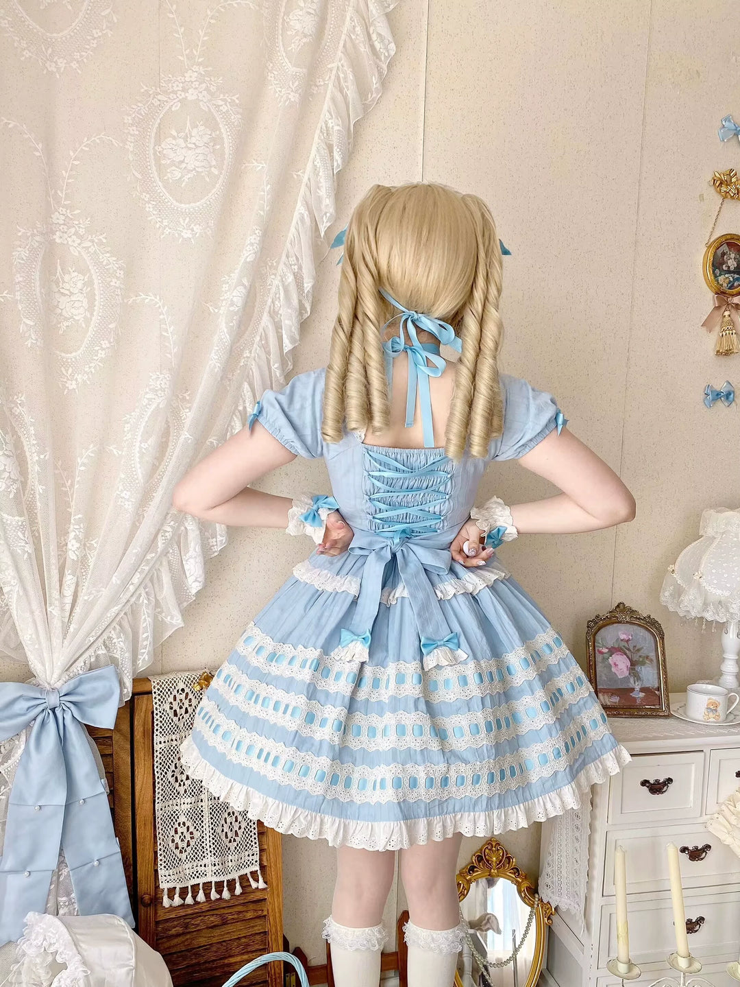 Uncle Wall Original~Cream Piping Artist~Cotton Sweet Lolita OP Halter-neck Dress With Accessory