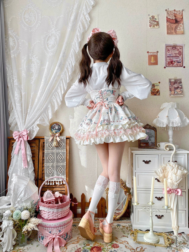 Qianmu~Rose Cream~Sweet Lolita Dress Fishbone Tiered Bust-supporting Dress   