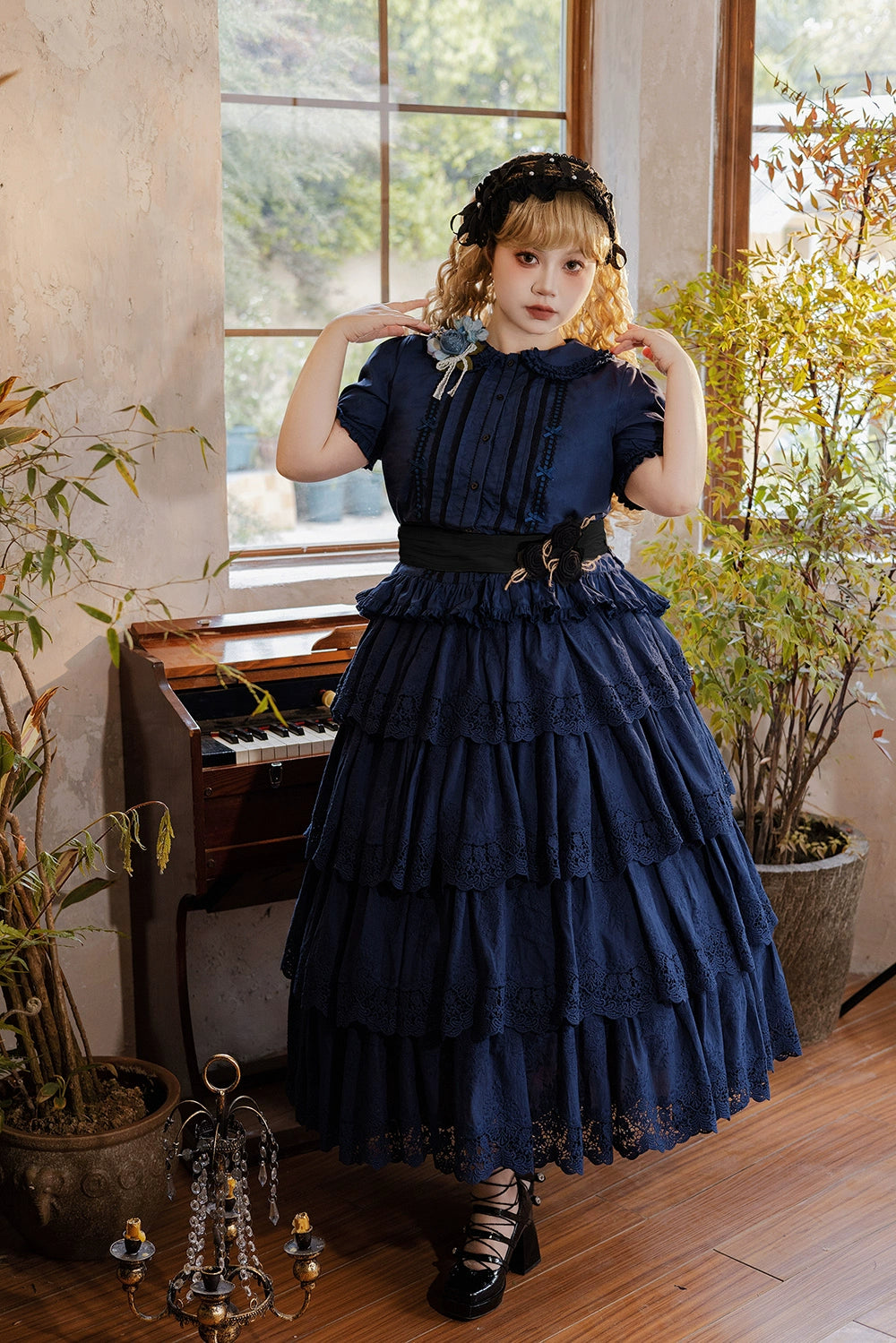 Miss Point - Forest Waltz - Classic Lolita Tiered Skirt Multi-layer Embroidered SK S Navy 4-layer skirt only