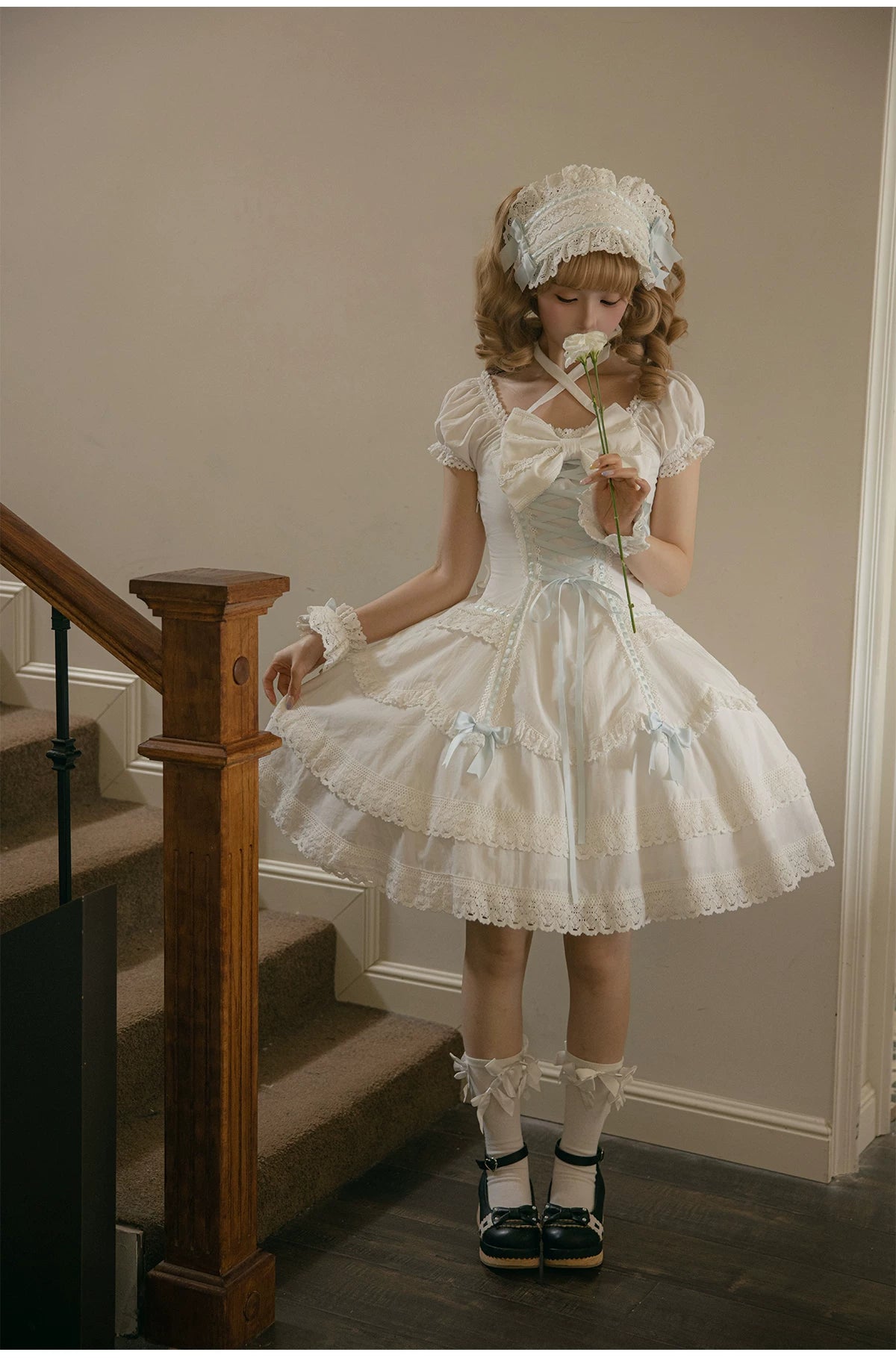 Showa Sweetheart - Old School Lolita OP Dress, Ruffled Lace Hem 45887:866792