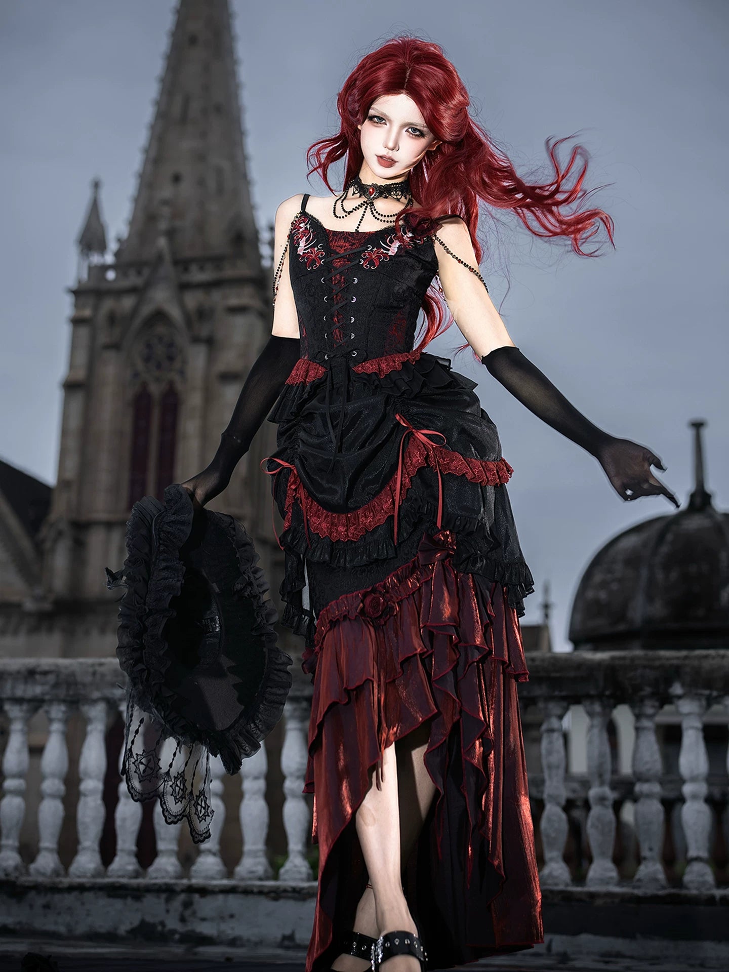 Bone Rot Bloom - Gothic Lolita Embroidered Camisole & Drawstring Lift-up Hem Skirt 45593:854856