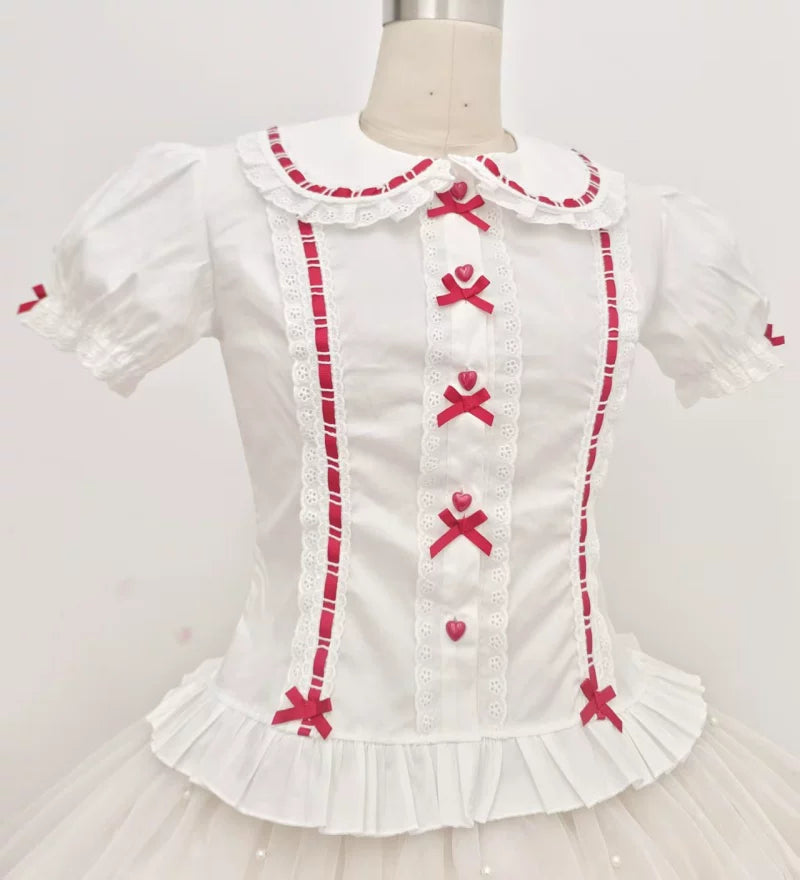 Sweet Lolita Short Sleeve Blouse, Multi-color Ribbons & Bows (L M S XL) 45774:861981