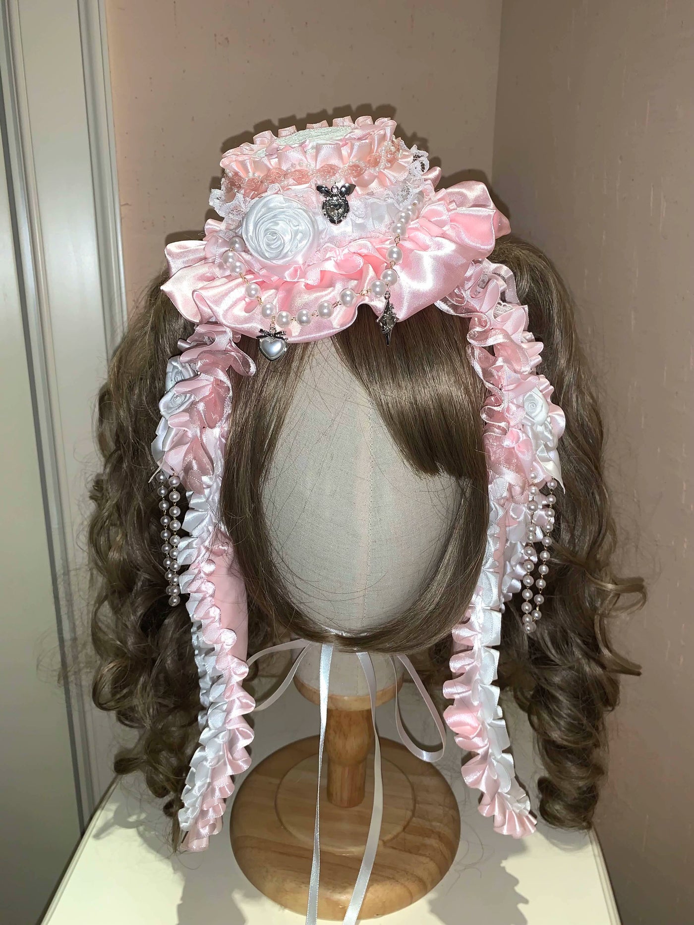 (BFM)BLAKTEARS KISS~Sweet Lolita Headband Kawaii Top Hat Free size Pink-white small top hat 