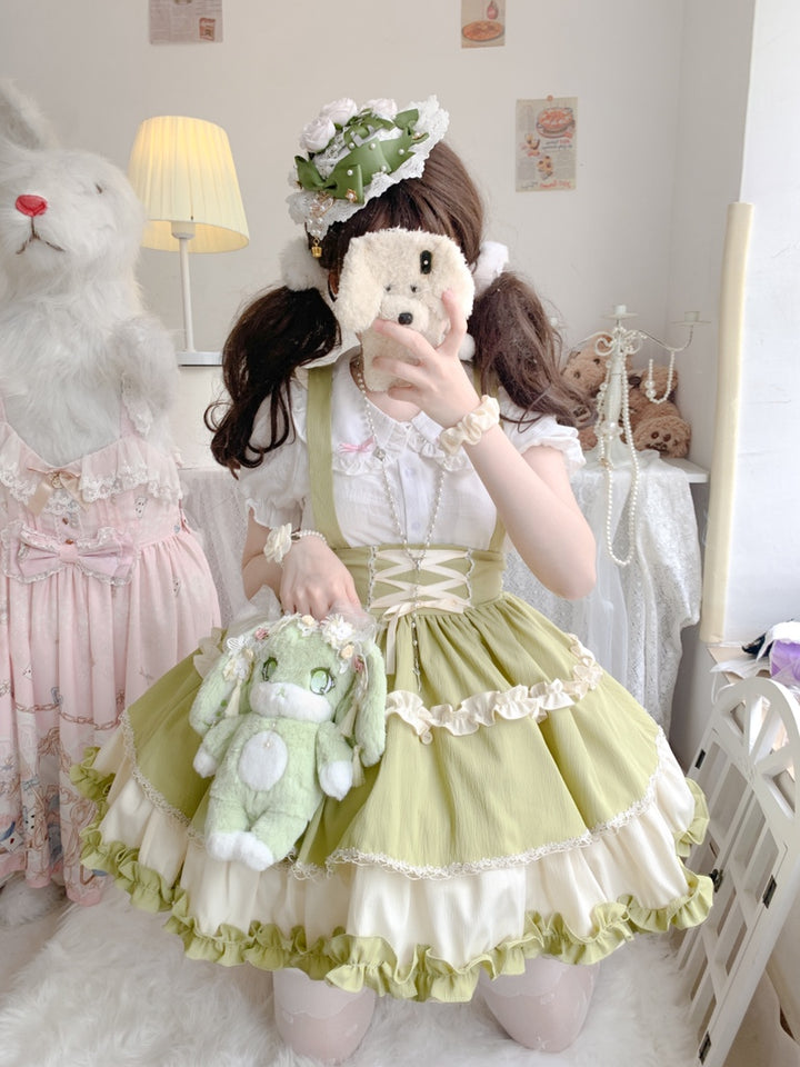 Qianmu~Lollipop~Kawaii Lolita Suspender Mini SK with Tiered Ruffle and Multicolor (L M S) 42407:739230