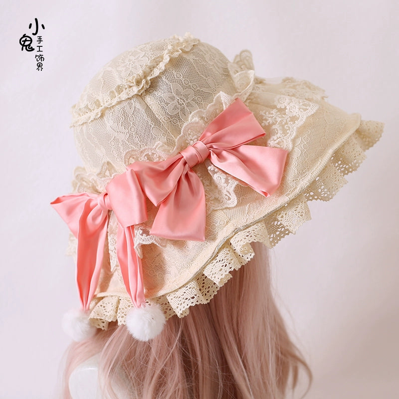 Xiaogui~Retro Lolita Hat Lace Handmade Doll Hat with Multicolor Bows free size beige hat with honey pink bow 