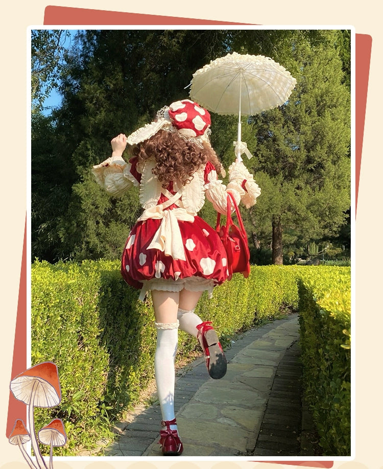 Sakurahime~Mushroom~Kawaii Lolita OP Dress with Apron and Detachable Sleeves