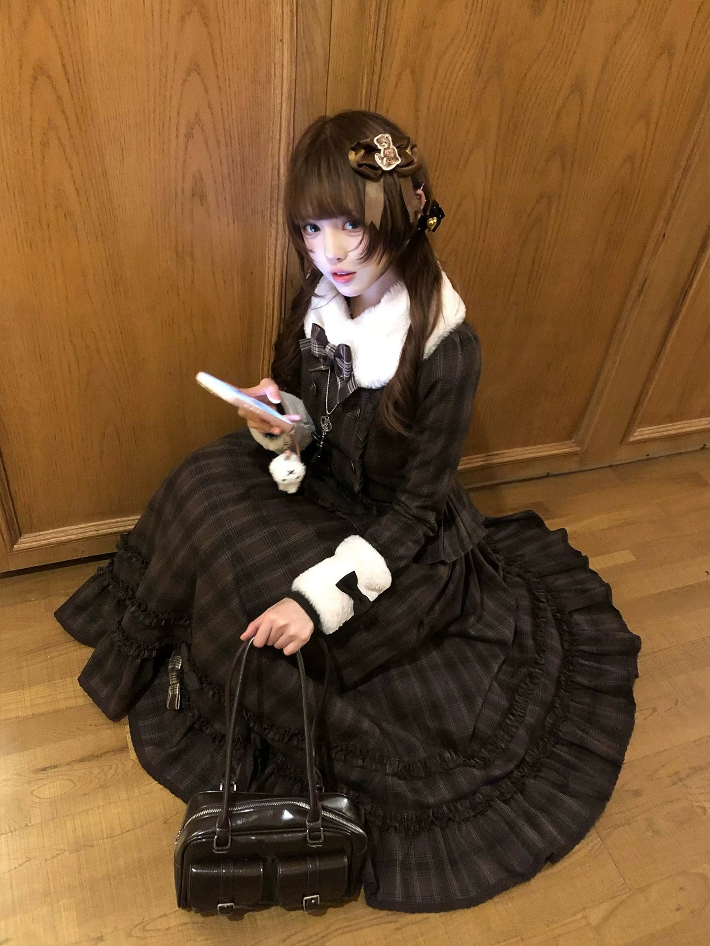 Filled Chocolate - Winter Classic Lolita Plaid Coat Set, Detachable Plush Collar 45900:867126