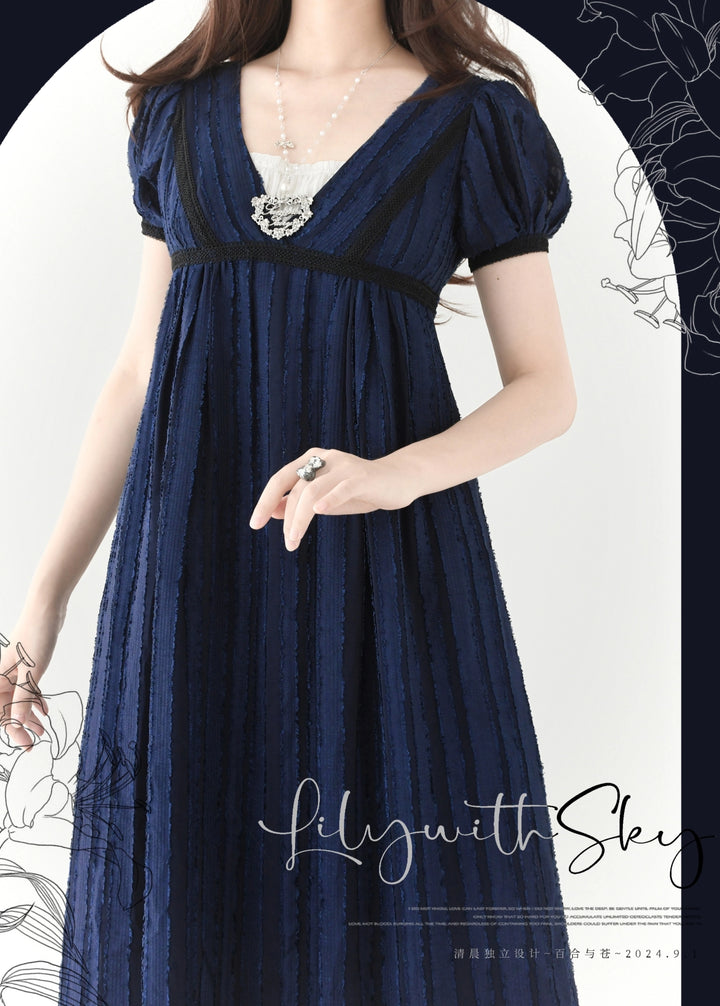 Early Morning~Lily and Serene~Classic Lolita Long Dress Empire Waist Dress S Lapis Blue 