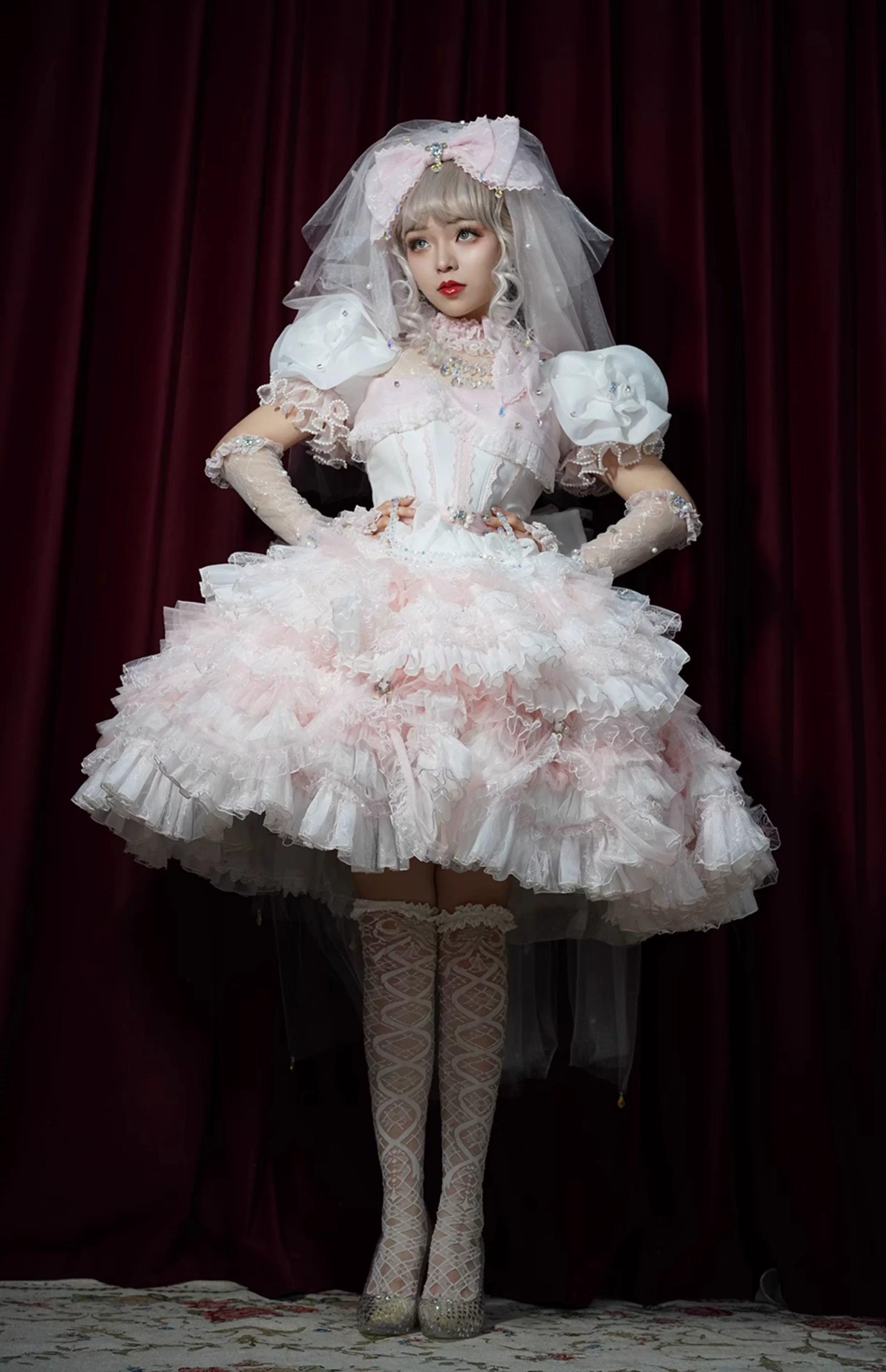 Moonlit Crystal Reverie - Wedding Sweet Lolita Top and Skirt Set, Fishbone Waist 44831:829598