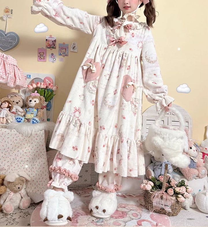 Baduoni~Starry With Moon~Winter Sweet Lolita Nightgown Dress Flannel Dree with Pants