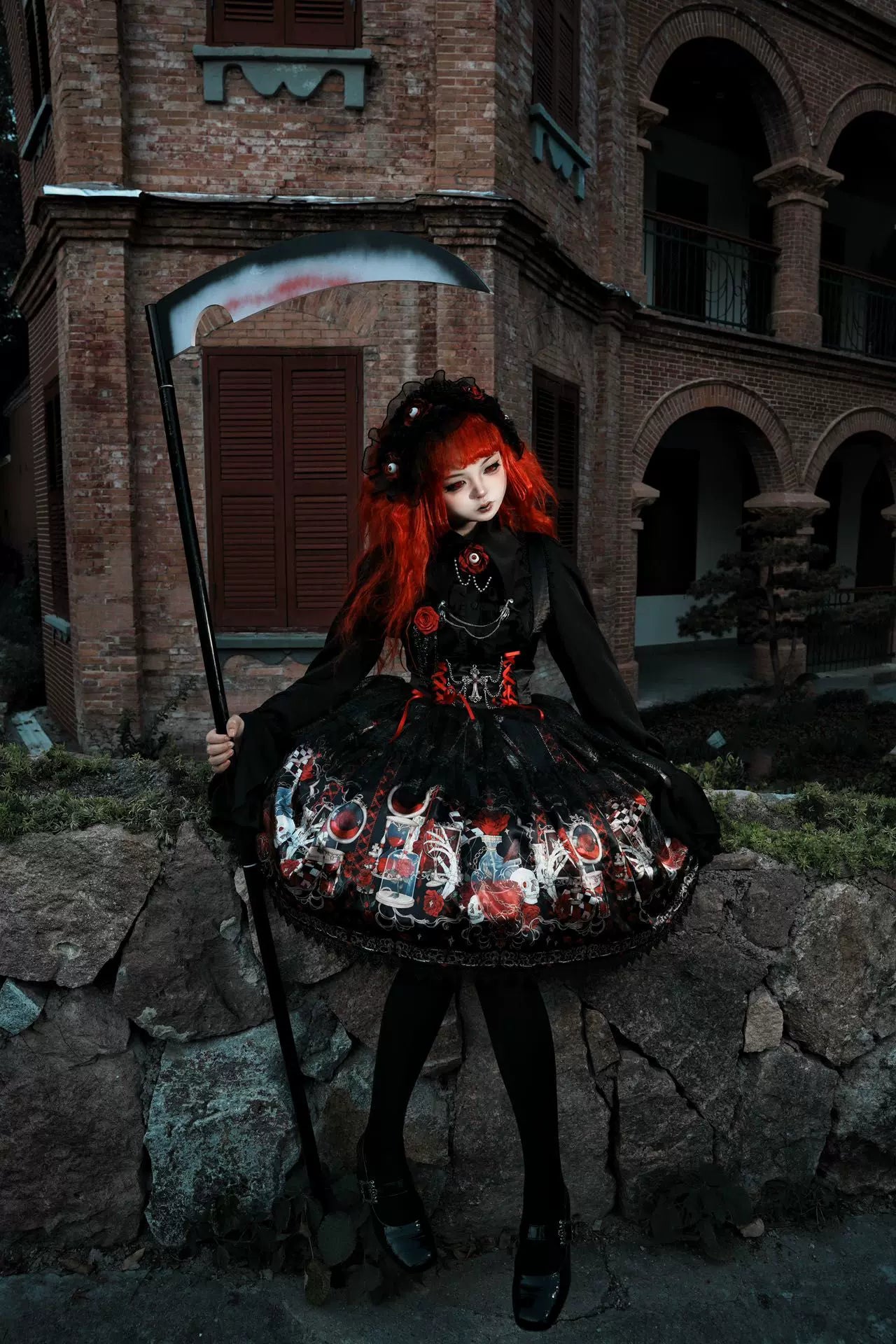 Blood Research Lab - Gothic Lolita JSK Dress, Rose & Skull Print 44449:808772