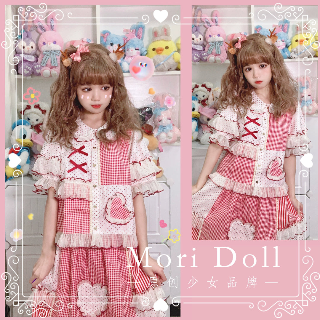 Mori Doll~Peach Tea~Sweet Lolita Dot and Stripe Print Short Sleeve Blouse