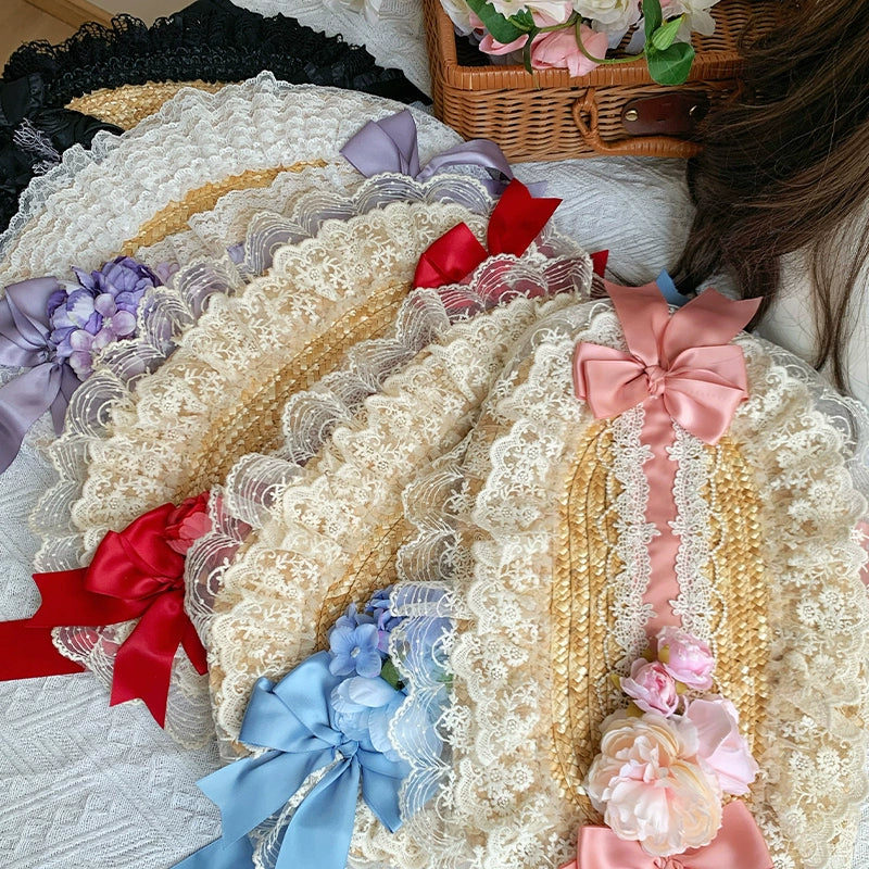 With PUJI~Floral Language~Country Lolita Lace Bow Flat Cap Straw Hat   