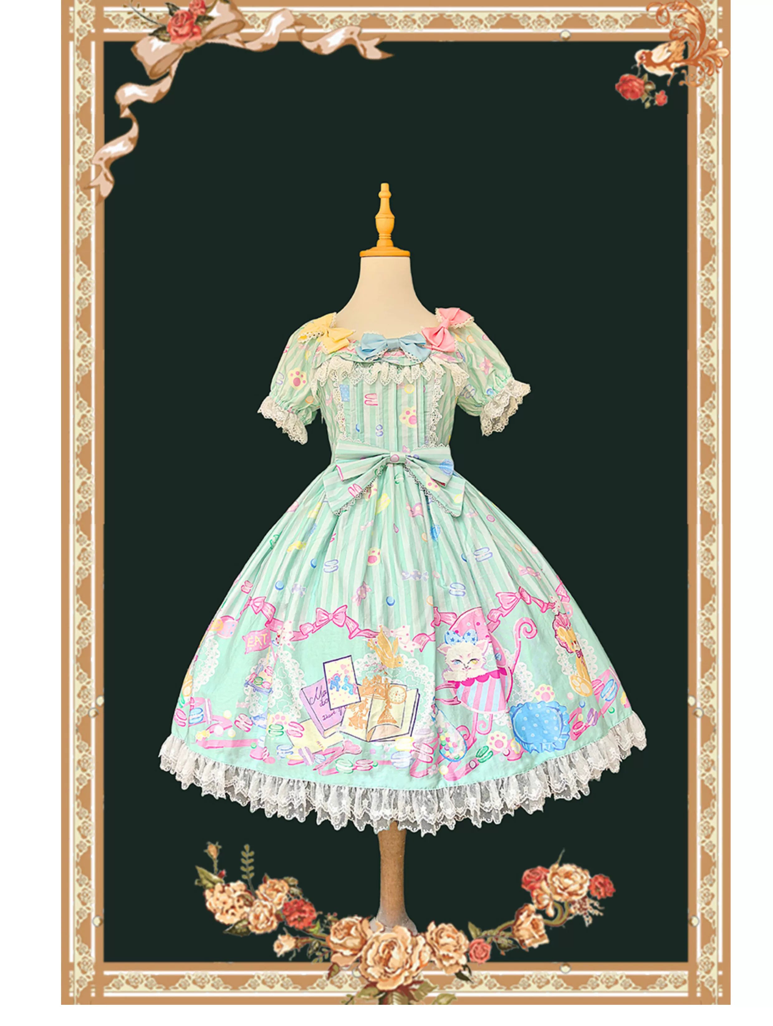 Infanta - Macaron Dolly House - Sweet Lolita OP Printed Dress, Side Zipper Mint Green OP Only S