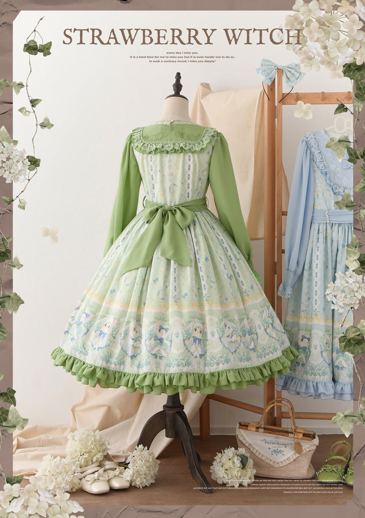 Strawberry Witch~Lily of the Valley Kitten~Country Lolita OP with Embroidery and Cat Print