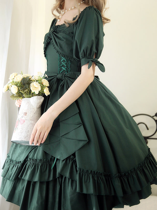 Forest Song - Elegant Lolita Solid Color Bow OP Dress Multicolors