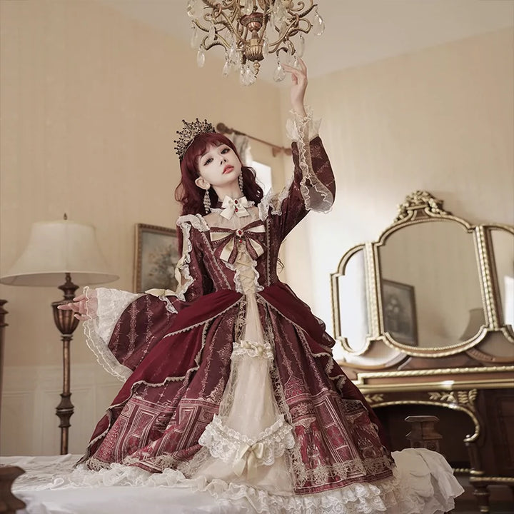 Cornfield Lolita~Baroque Palace~Classcial Lolita Long Sleeve OP Front Open Princess Sleeve Printed Dress   
