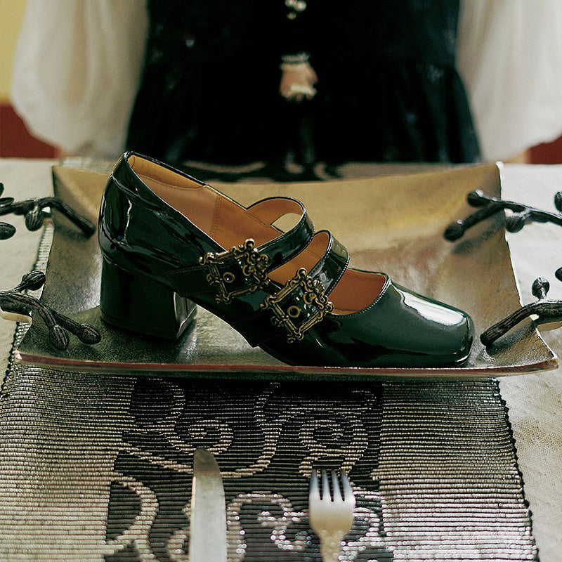 Momo~Midsummer Story~Retro Lolita Heels Shoes Mary Jane Shoes 34 Medium patent leather version dark green 