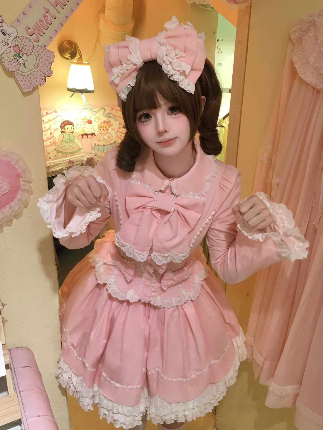 Ginkgo Needle Lolita~Spring Snow~Sweet Lolita Skirt Long-Sleeved Shirt Light Pink KC Only- Free Size