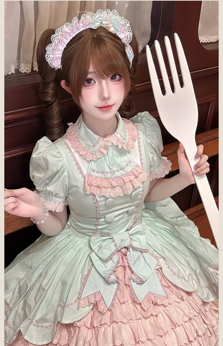 TaTaTa Lolita~Melon Parfait~Old School Lolita OP Suit Pink-Green Sweet Dress 42394:738578