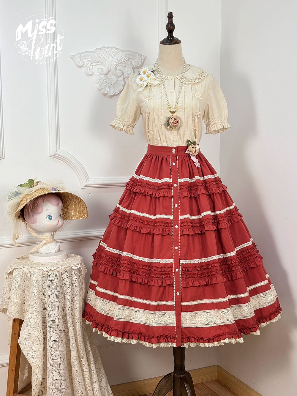 Miss Point~Cat Rose Tea~Elegant Lolita SK Pure Cotton Open-front Skirt 42142:728315