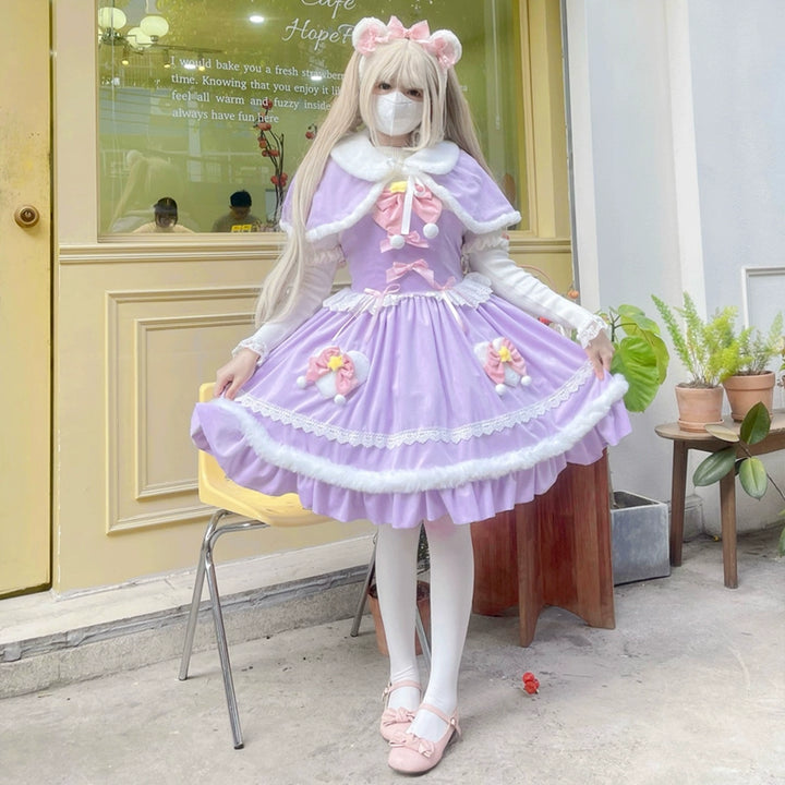 Hanguliang~Christmas Star Wish~Christmas Sweet Lolita JSK Winter Jumper Dress S Purple JSK + cape 