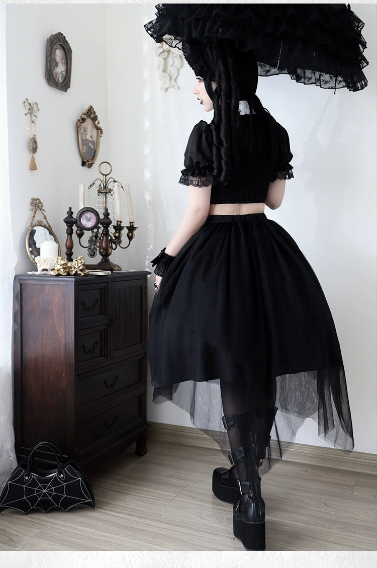 With PUJI~Evil Flower~Gothic Lolita Skirt Set Rose Embroidered Hollow Out Blouse   