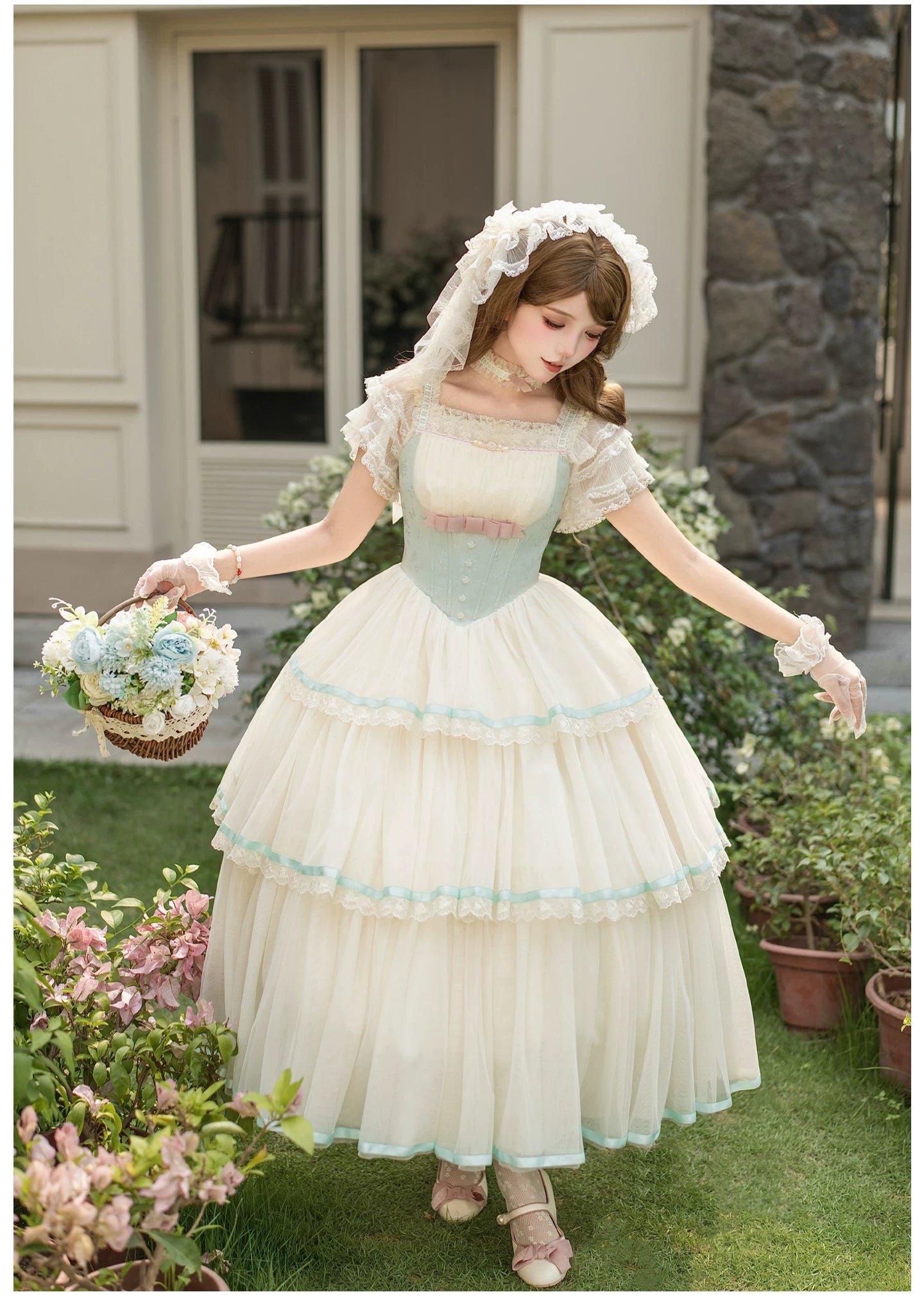Sea Salt Soda - Classic Lolita Adjustable Corset JSK Dress, Tiered Tulle Hem 45257:856388