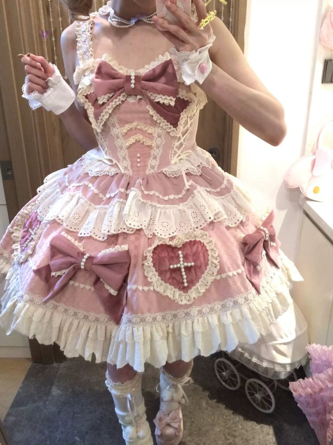 Sakurahime~Cross Sweetheart~Pink Sweet Lolita JSK Dress Doll Lolita Short Dress